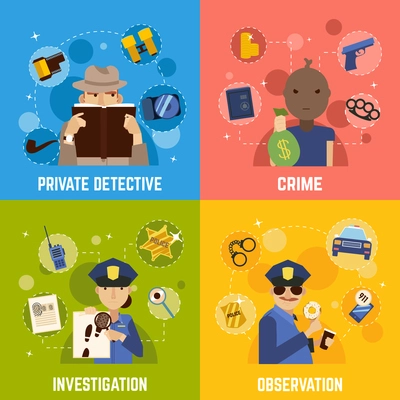 Private detective concept icons set with crime symbols flat isolated vector illustration