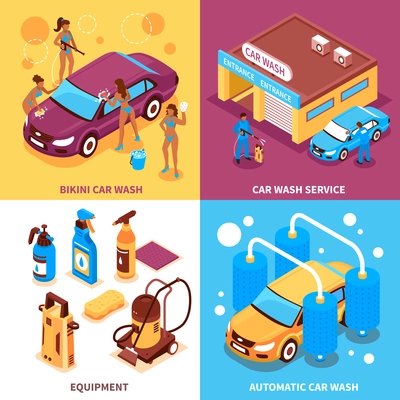 Car wash service isometric design concept with automatic cleaning girls workers in bikini equipment isolated vector illustration