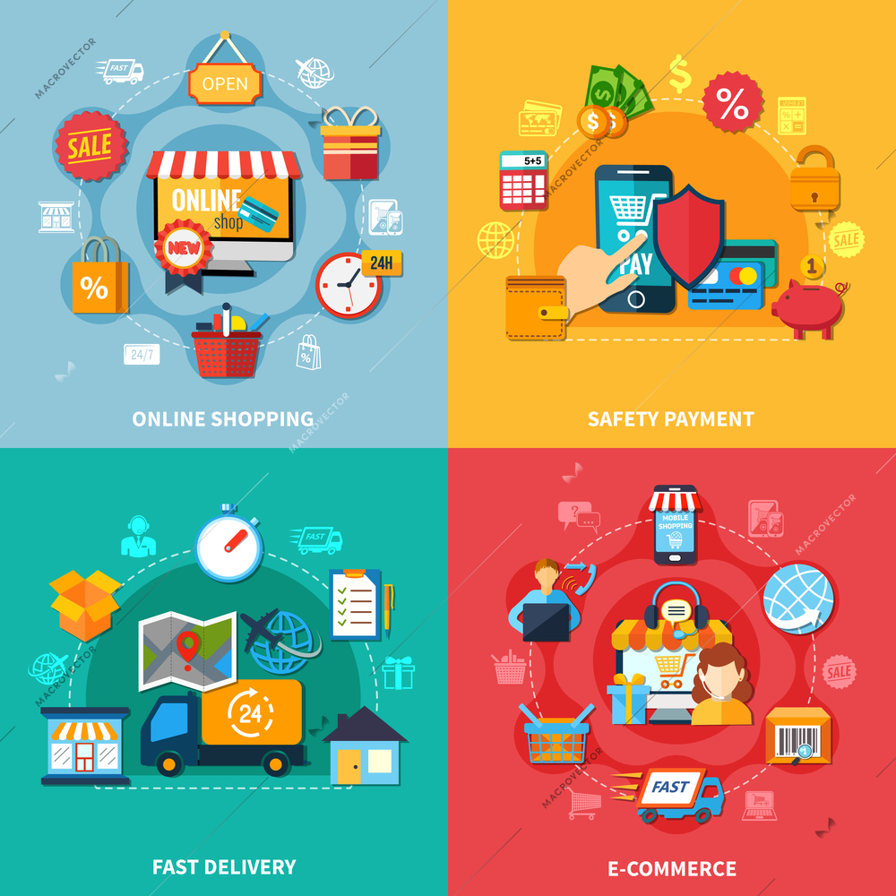 Ecommerce colored composition set with online shopping safety payment fast delivery headlines vector illustration