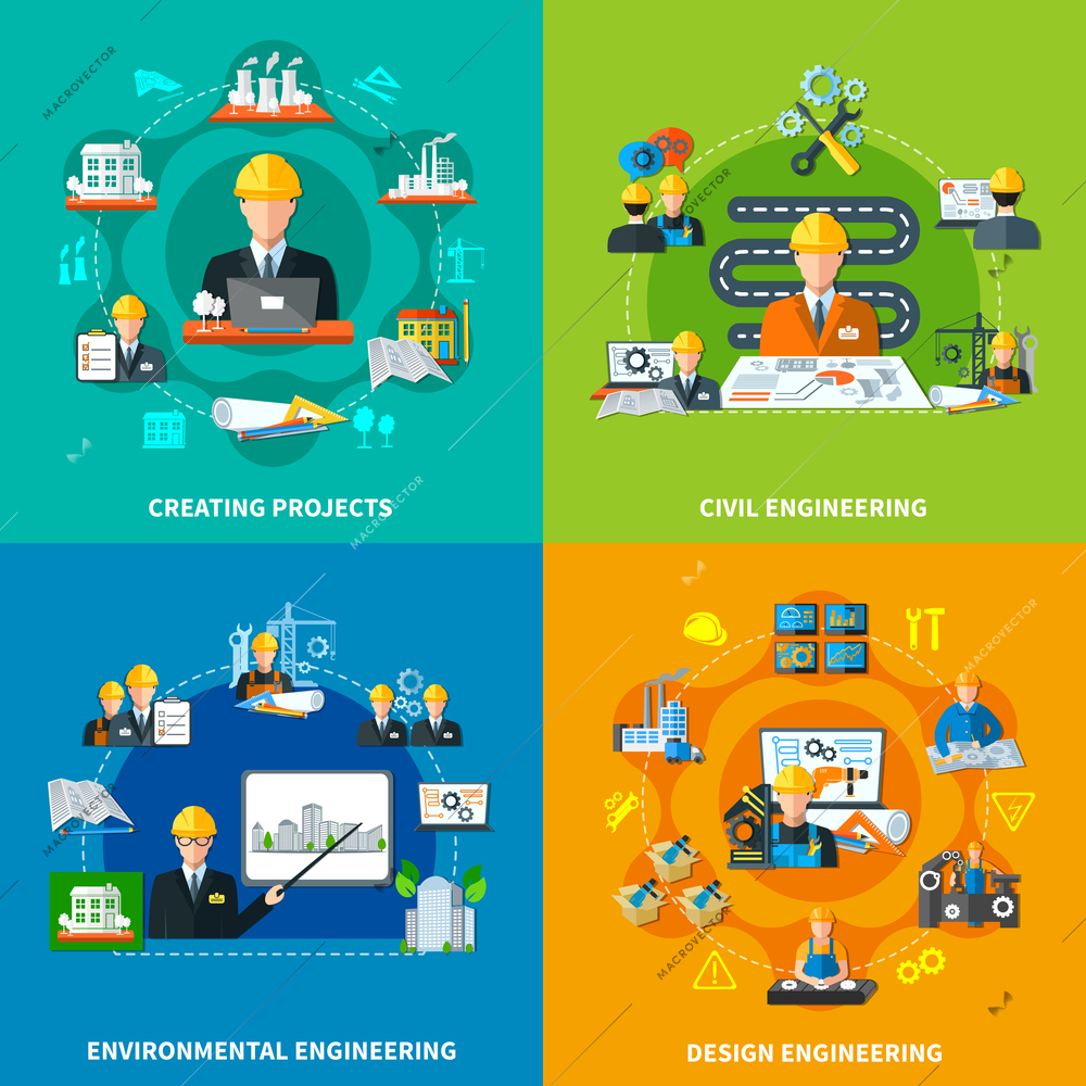 Engineering design concept with round compositions of maintenance signs worker characters construction and projection flat icons vector illustration