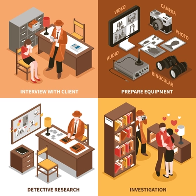 Detective design concept with covered man in coat and his client characters in private and office environment vector illustration