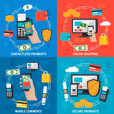 Mobile commerce orthogonal 2x2 colorful composition with flat images of payment terminal credit card and smartphone vector illustration
