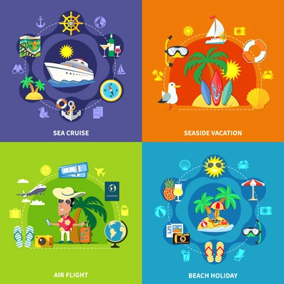 Vacation travel flat design concept with compositions of seaside resort touristic symbols transport and equipment images vector illustration