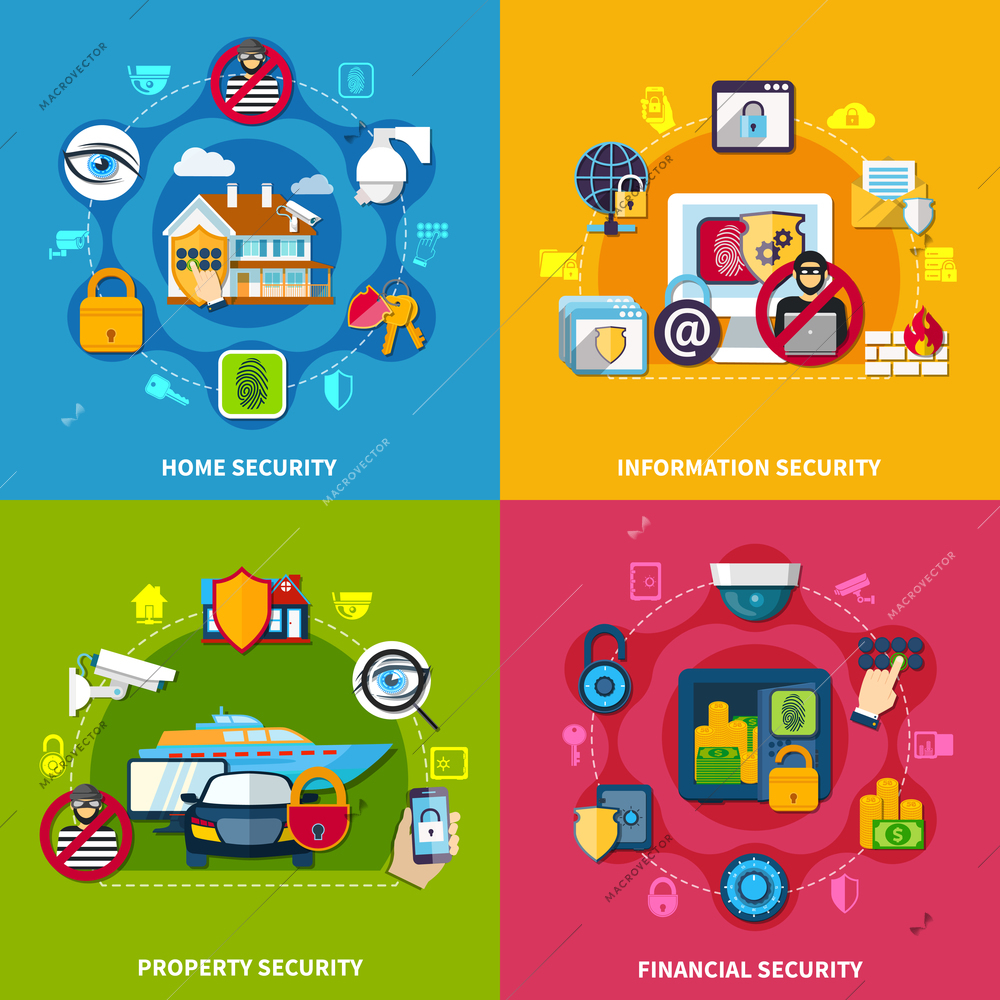 Security concept icons set with financial and home security symbols flat isolated vector illustration