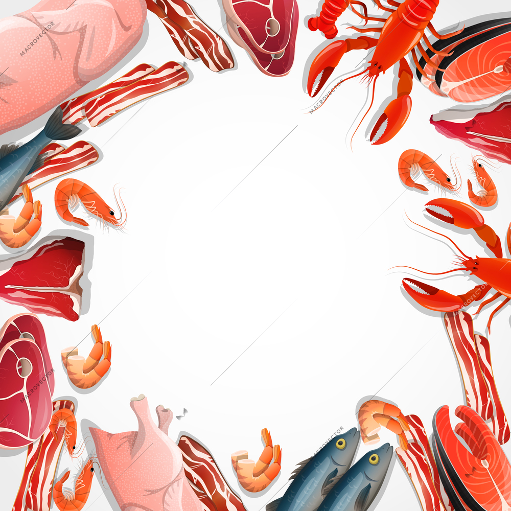 Decorative frame from meat and seafood including poultry beef bacon fish crustaceans on white background vector illustration