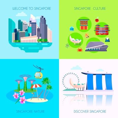 Four square flat Singapore culture icon set with welcome Singapore Singapore culture Singapore nature and discover Singapore headlines vector illustration