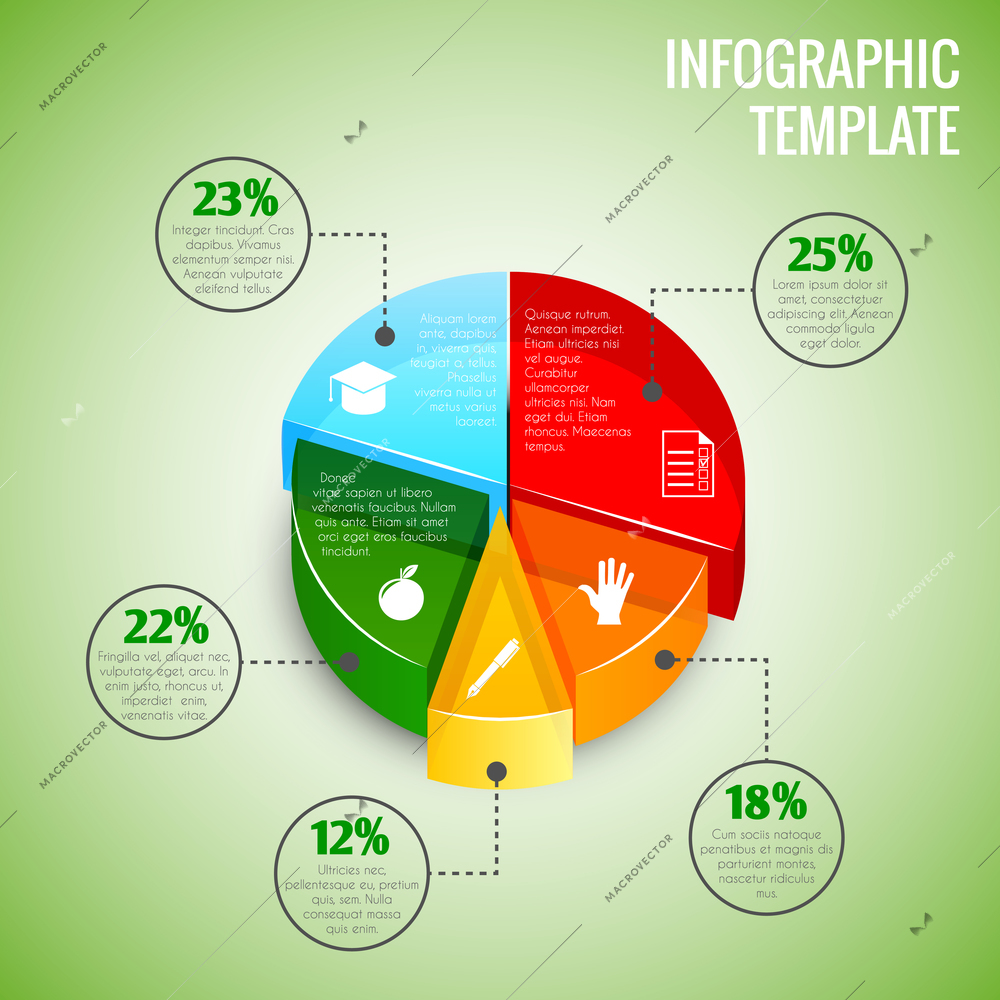 Colored abstract 3d pie chart education infographic element with sector labels vector illustration