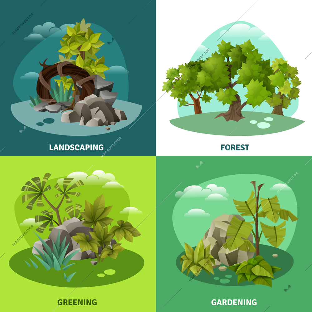 Landscape gardening 4 flat icons concept with forest tropical trees and front yard compositions isolated vector illustration