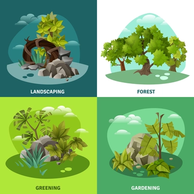 Landscape gardening 4 flat icons concept with forest tropical trees and front yard compositions isolated vector illustration