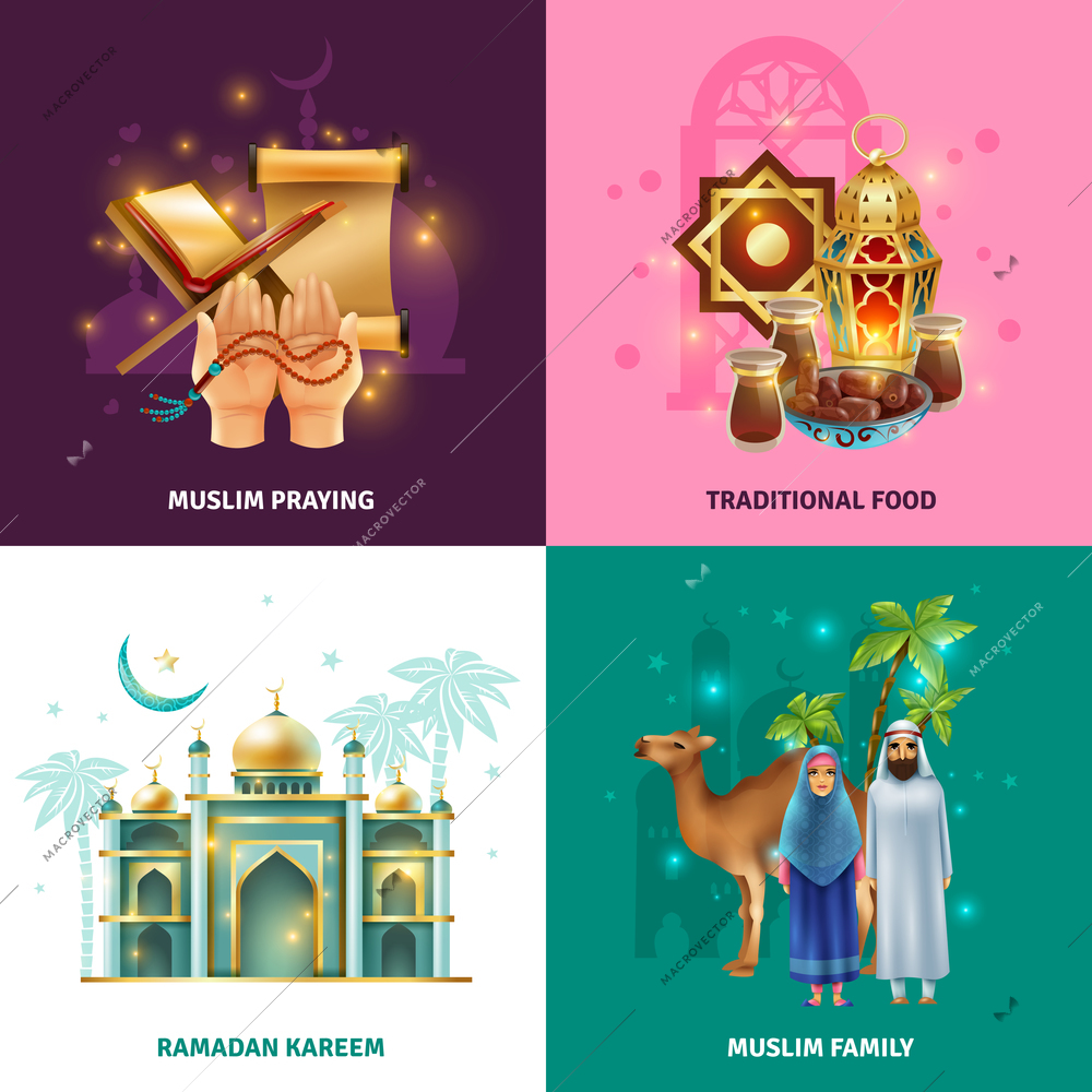 Ramadan holy month islamic family traditions 4 colorful background icons square with symbols prayer food isolated vector illustration