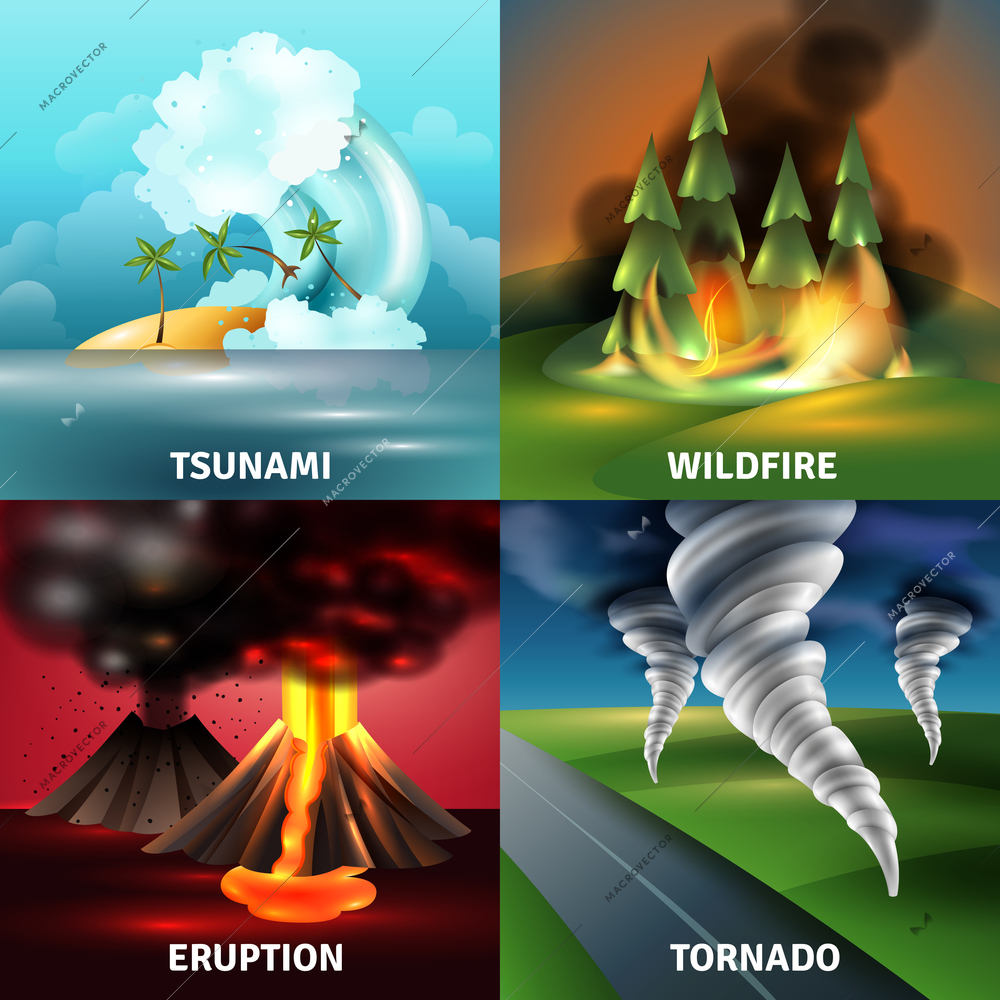 Natural disasters design concept with tsunami volcano eruption with lava and ash wildfire tornado isolated vector illustration