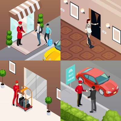 Hotel service 2x2 design concept set of doorman meeting visitors room cleaner valet parking isometric  compositions vector illustration