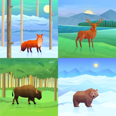 Polygonal wild animals on 2x2 background with landscapes set isolated vector illustration