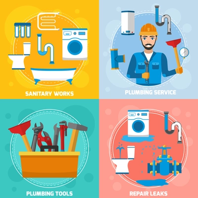 Plumber 2x2 composition with flat images of sanitary technician character tubes repair leaks and plumbing tools vector illustration