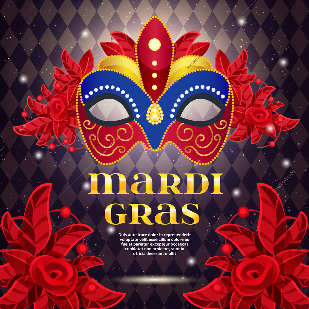 Mardi gras party bright typographical greeting card with colorful carnival mask and place for text flat vector illustration