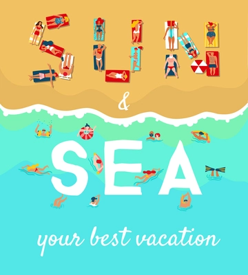 Summer sea beach vacation flat advertising poster with sunbathing diving and swimming people vector illustration