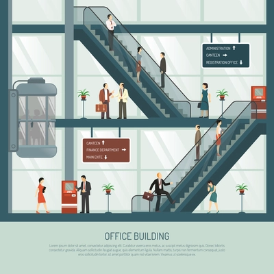 Business office building background with profile view of office block with escalators elevator and people characters vector illustration