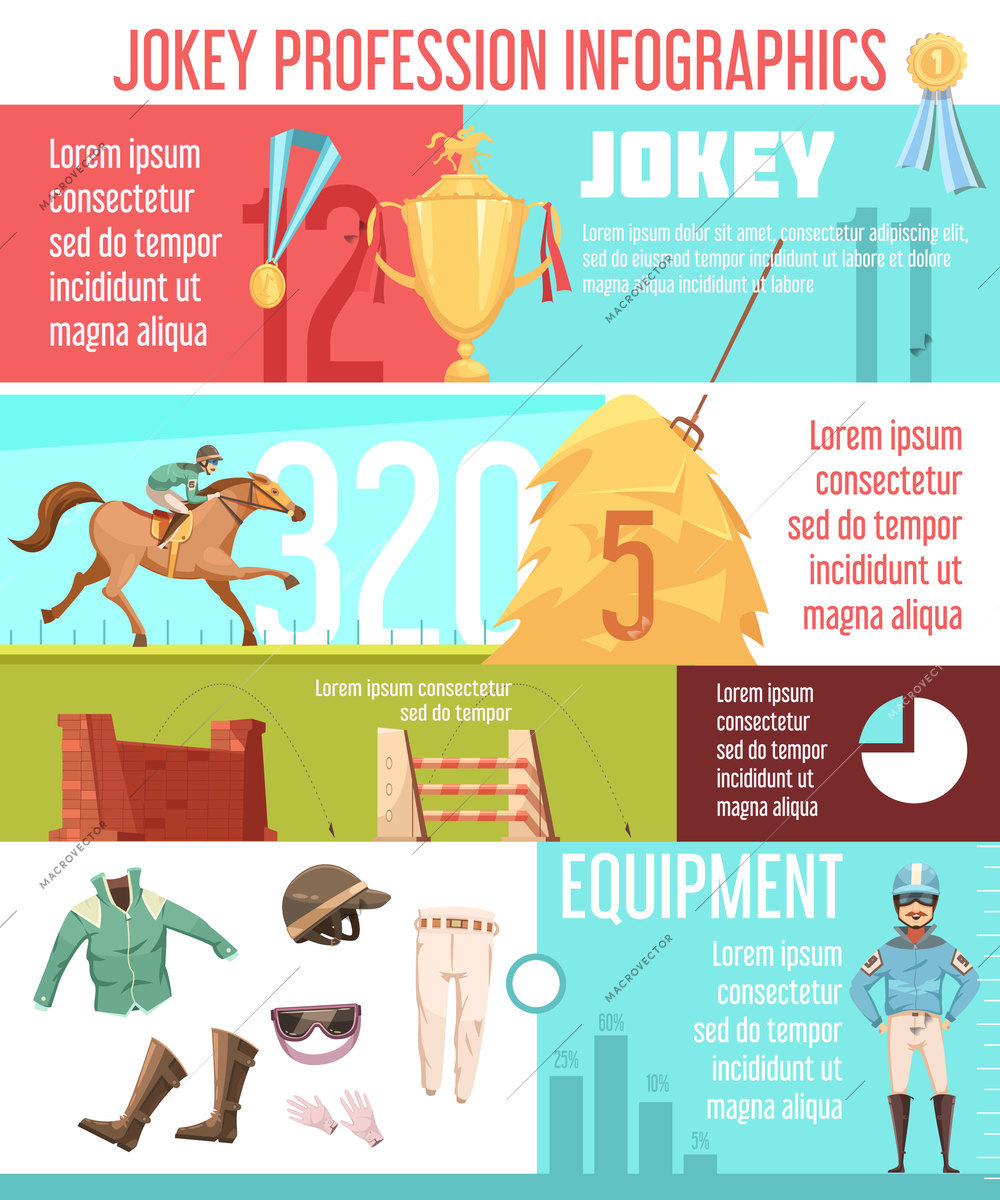 Jockey profession infographics layout with equestrian ammunition icons and horse riding information flat vector illustration