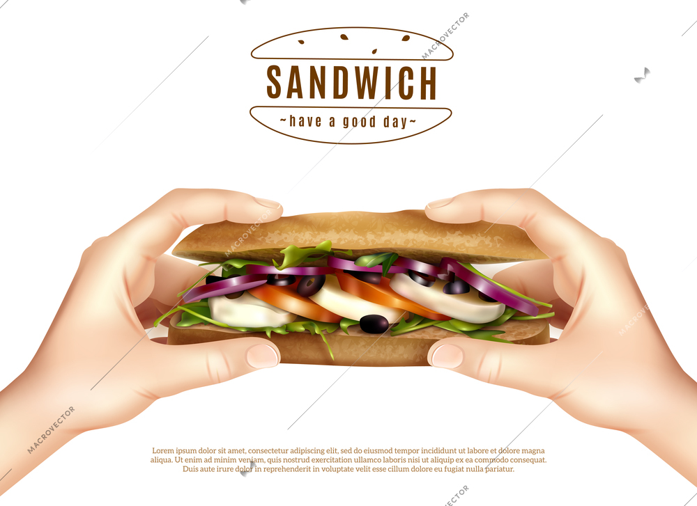Healthy multi grain sandwich with mozzarella lettuce tomato onion in hands realistic advertisement white background poster vector illustration
