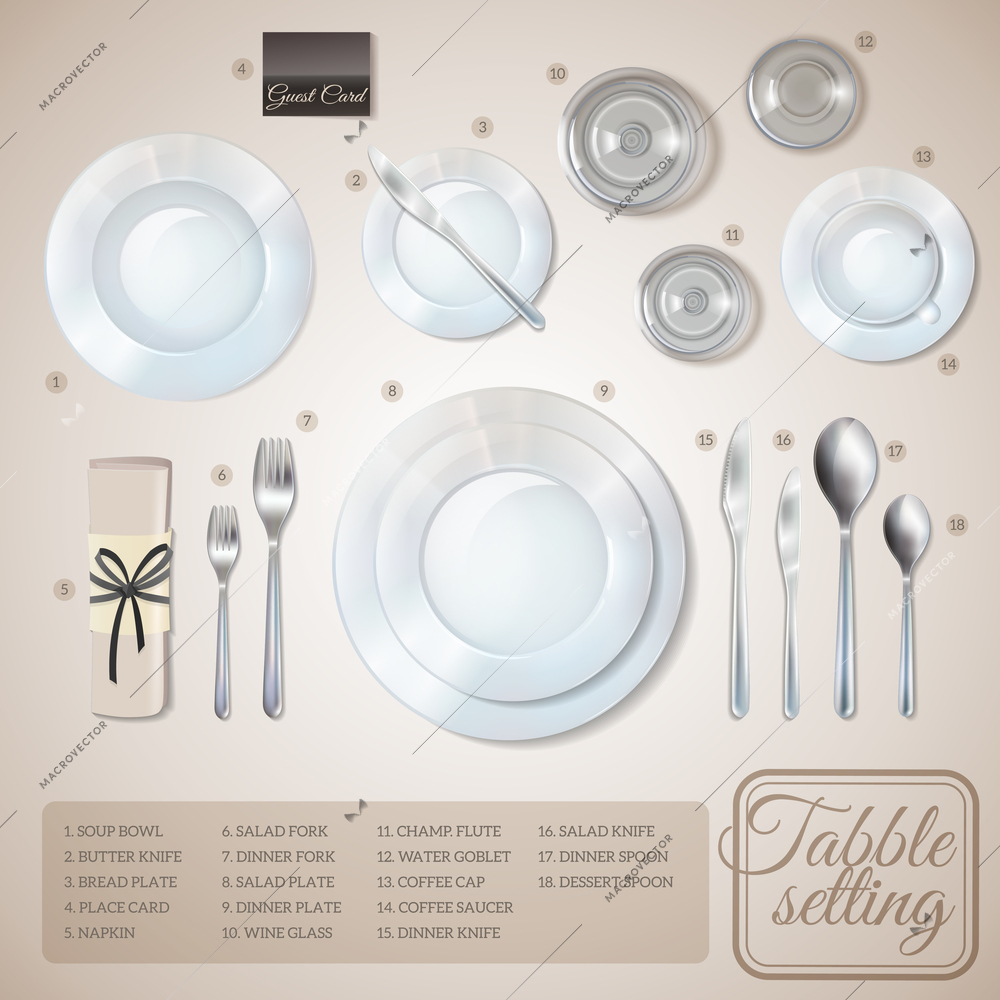 Table setting top view infographics with information about dishware and cutlery on beige background vector illustration