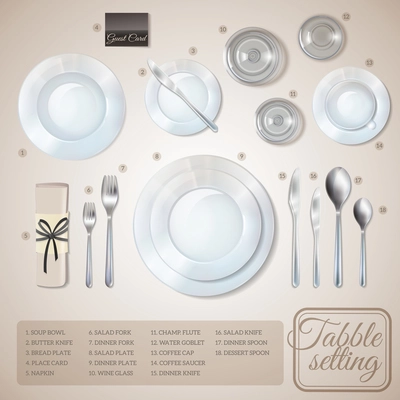 Table setting top view infographics with information about dishware and cutlery on beige background vector illustration