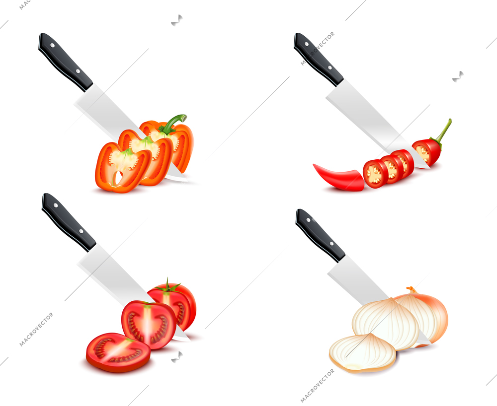 Knife chopping vegetable 3d design with tomato paprika onion chili set on white background isolated vector illustration