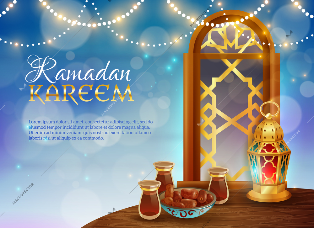 Ramadan kareem muslim holy month traditional festive food and light guirlande decorative background realistic poster vector illustration