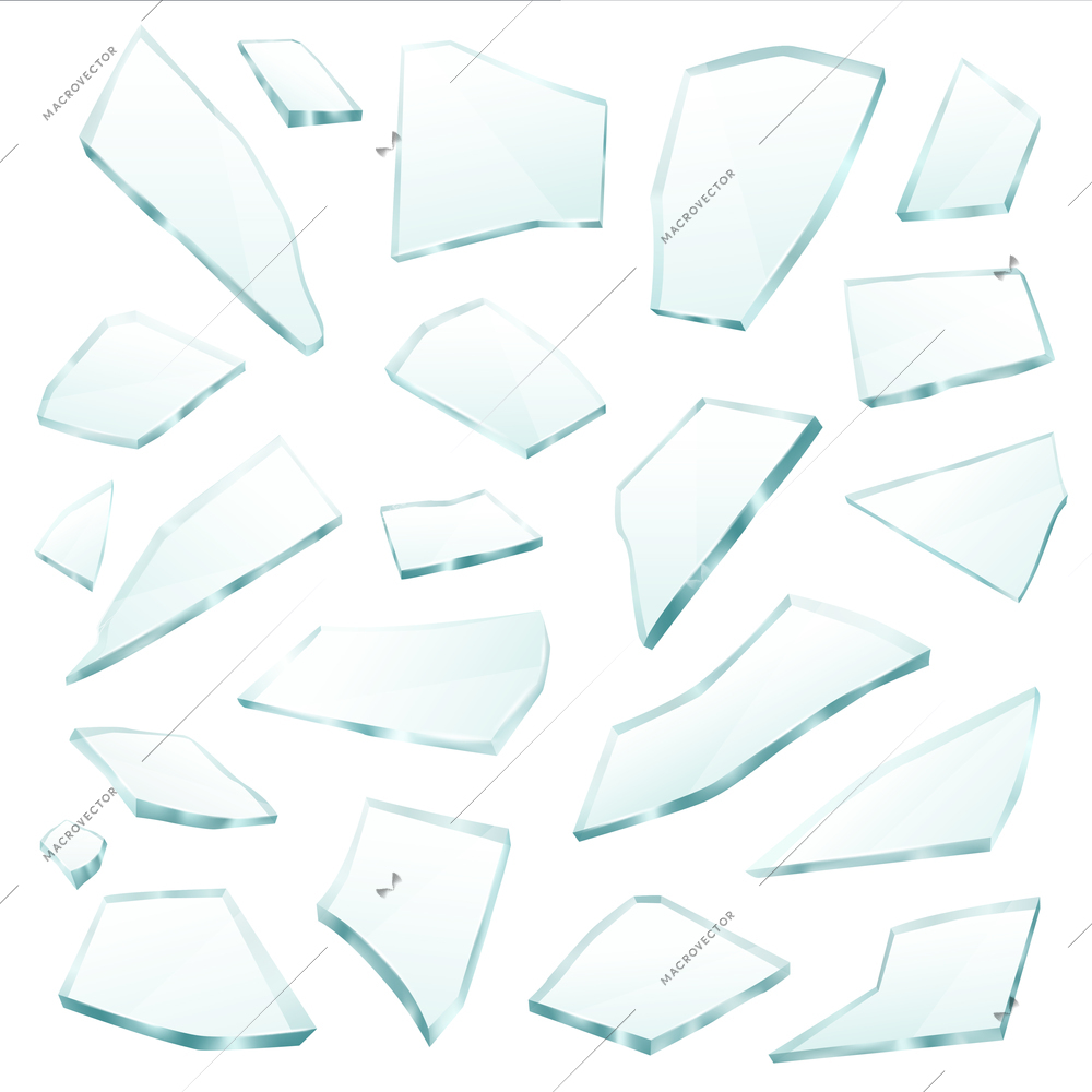 Broken plane transparent glass fragments shivers pieces shards various form and size collection realistic vector illustration