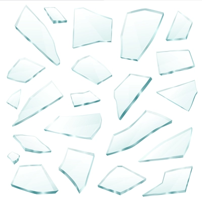 Broken plane transparent glass fragments shivers pieces shards various form and size collection realistic vector illustration