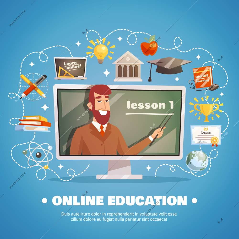 Online education design concept with lecturer at blackboard and distance learning icons set flat vector illustration