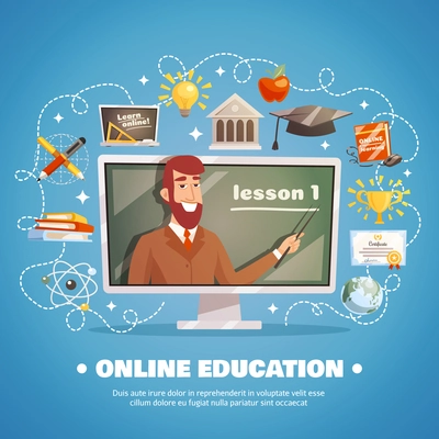 Online education design concept with lecturer at blackboard and distance learning icons set flat vector illustration