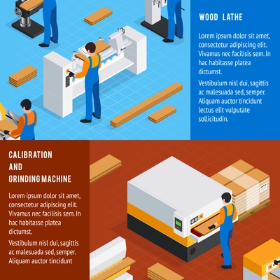 Woodwork horizontal isometric banners set with calibration machine symbols isolated vector illustration