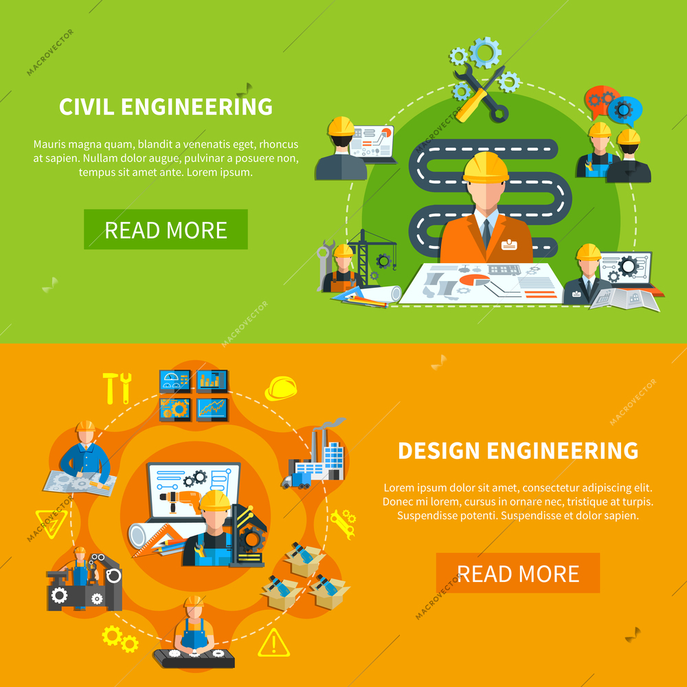 Engineering banners collection with construction projection pictograms and factory worker flat compositions with read more button vector illustration