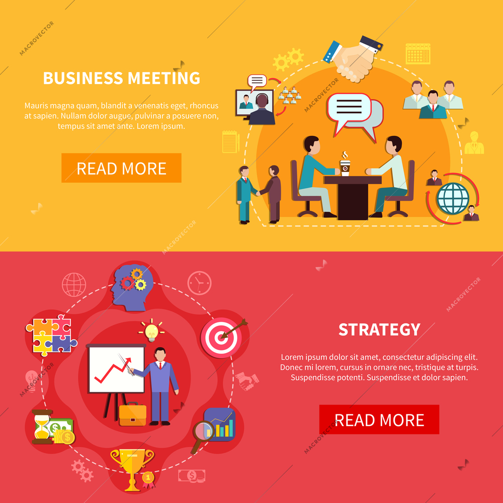 Business banners set with group meeting and strategy planning images with text and read more button vector illustration