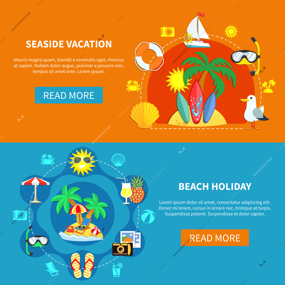 Vacation travel flat horizontal banners collection with summer beach recreation pictogram silhouettes and read more button vector illustration