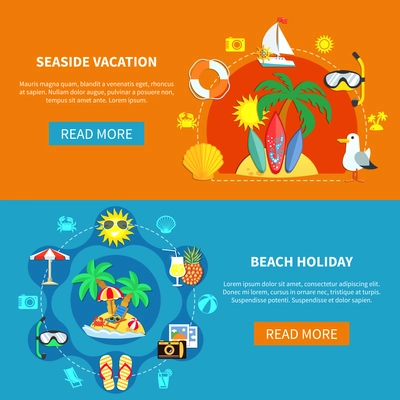 Vacation travel flat horizontal banners collection with summer beach recreation pictogram silhouettes and read more button vector illustration