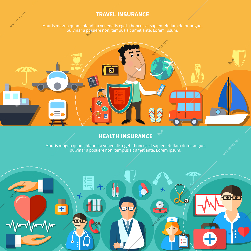 Vacation and health insurance horizontal banners with medical care and travel elements in flat style vector illustration