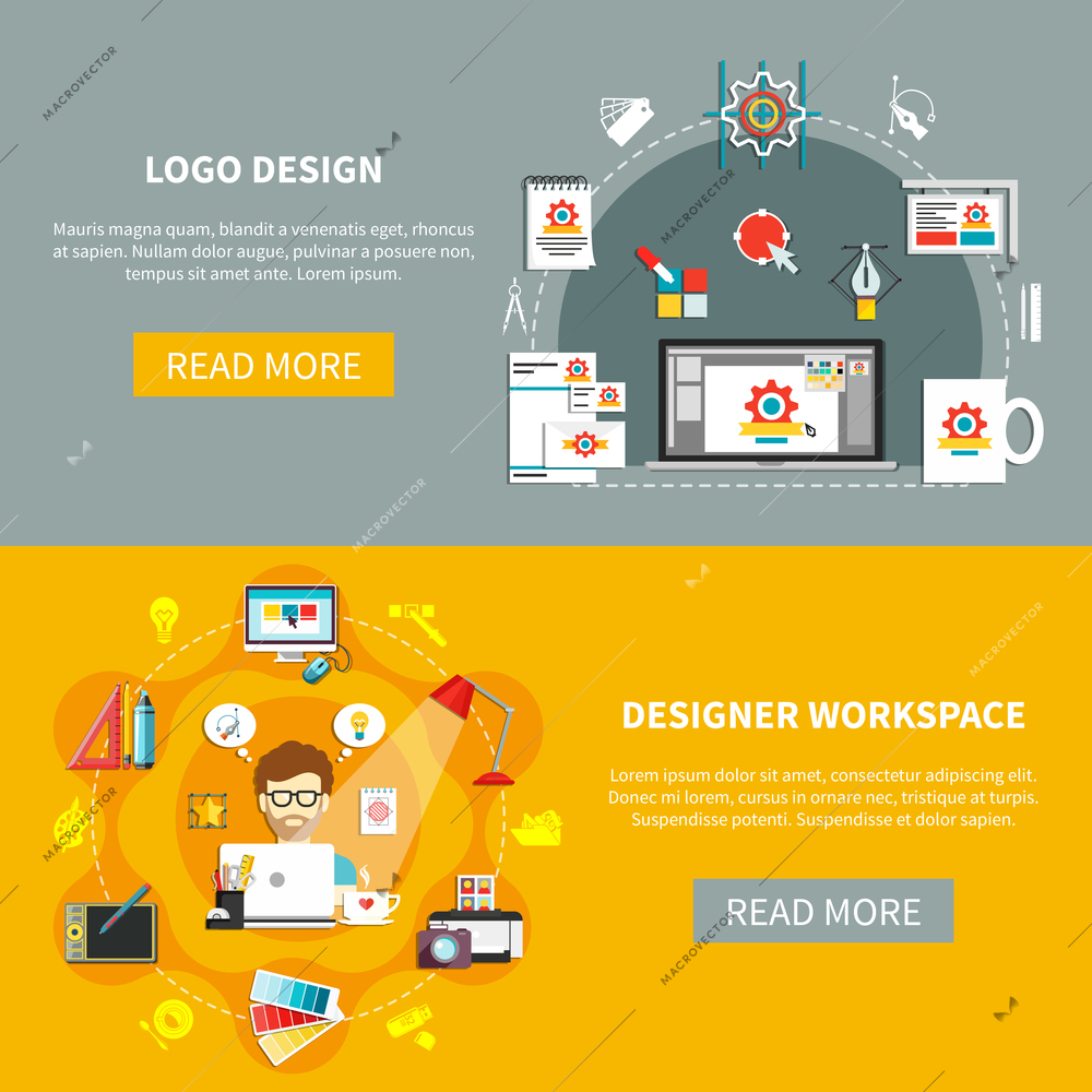 Designer tools banner set with logo design and designer workspace descriptions with read more buttons vector illustration