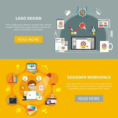 Designer tools banner set with logo design and designer workspace descriptions with read more buttons vector illustration