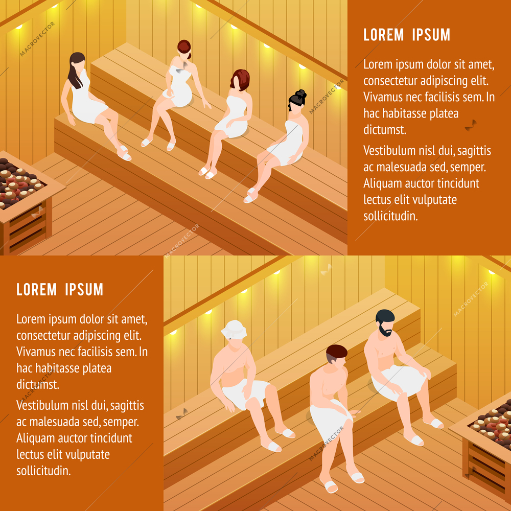 Sauna horizontal isometric banners set with men and women isolated vector illustration