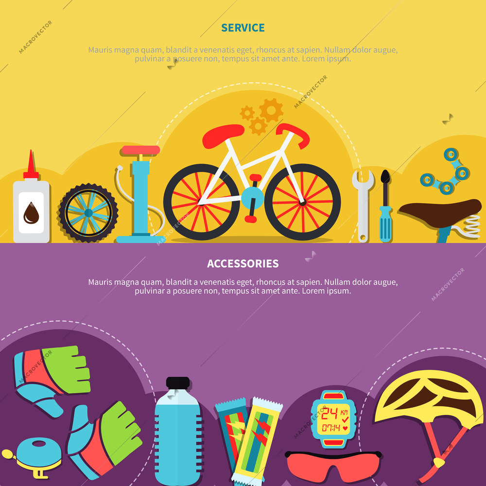 Bicycle horizontal banners set with service symbols flat isolated vector illustration