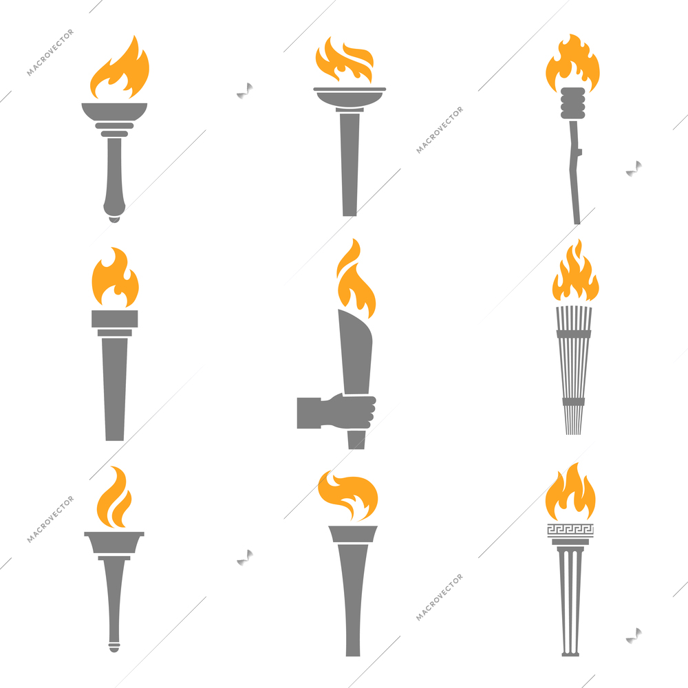 Fire torch victory champion flame icons set isolated vector illustration