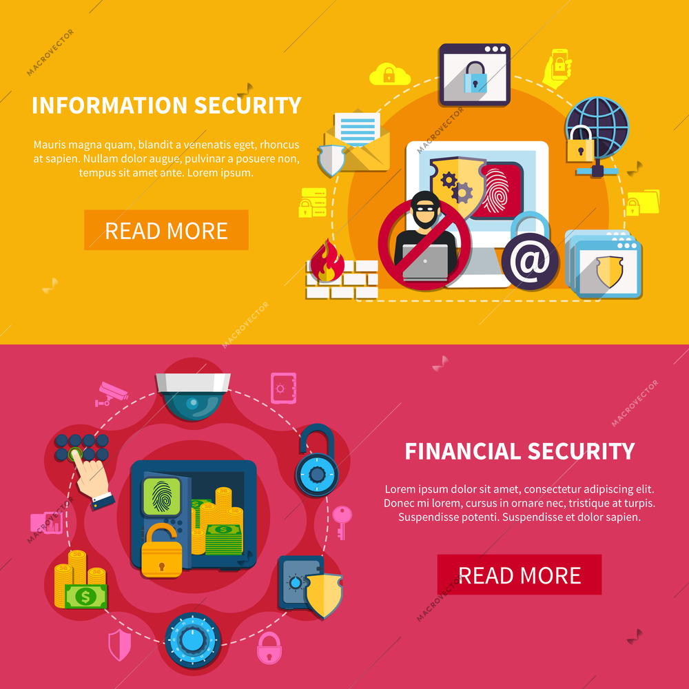 Security horizontal banners set with information and financial security symbols flat isolated vector illustration