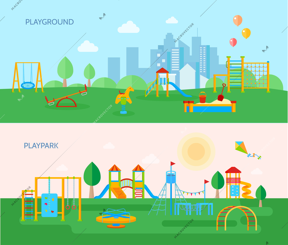 Two horizontal playground banners set with cartoon style flat images of playpark equipment trees and landscape vector illustration