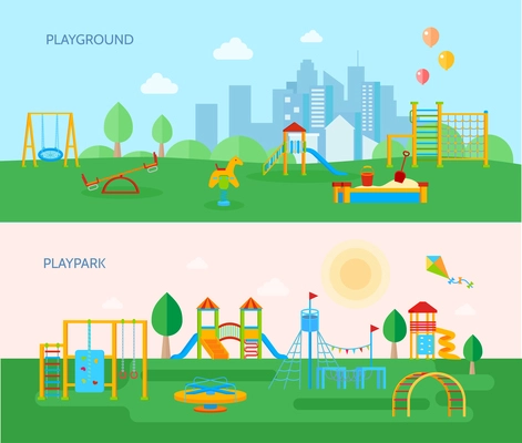 Two horizontal playground banners set with cartoon style flat images of playpark equipment trees and landscape vector illustration