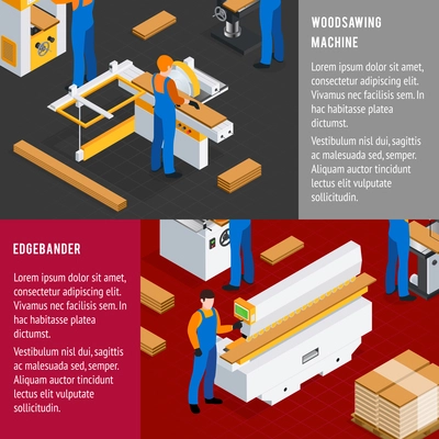 Woodwork horizontal isometric banners set with edgebander symbols isolated vector illustration