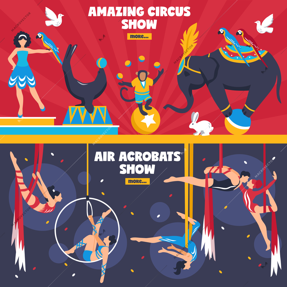 Circus performers horizontal banners set with flat dancing animals equilibrists hanging air acrobats with more button vector illustration