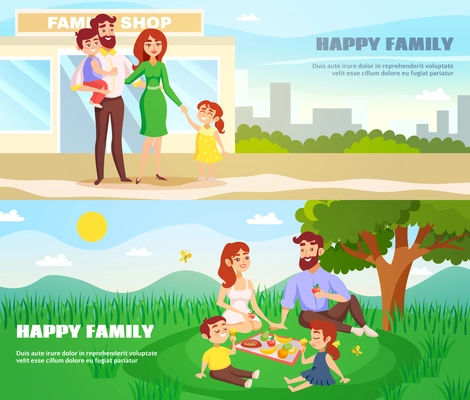 Happy family outdoor horizontal banners in cartoon style with parents and children in city and at picnic flat vector illustration