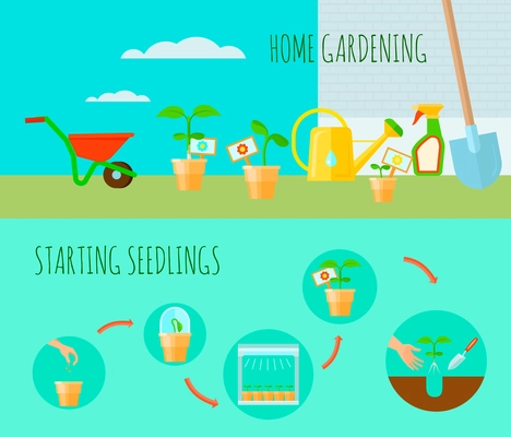 Seedling horizontal banners set with home gardening symbols flat isolated vector illustration