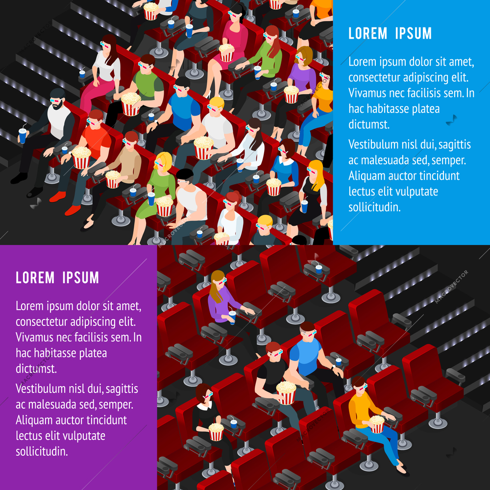 Cinema hall horizontal isometric banners set with men and women isolated vector illustration